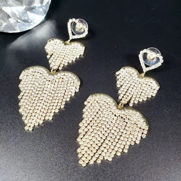 Brand New Gold Rhinestone Double Hearts Earrings - Picture 2 of 5